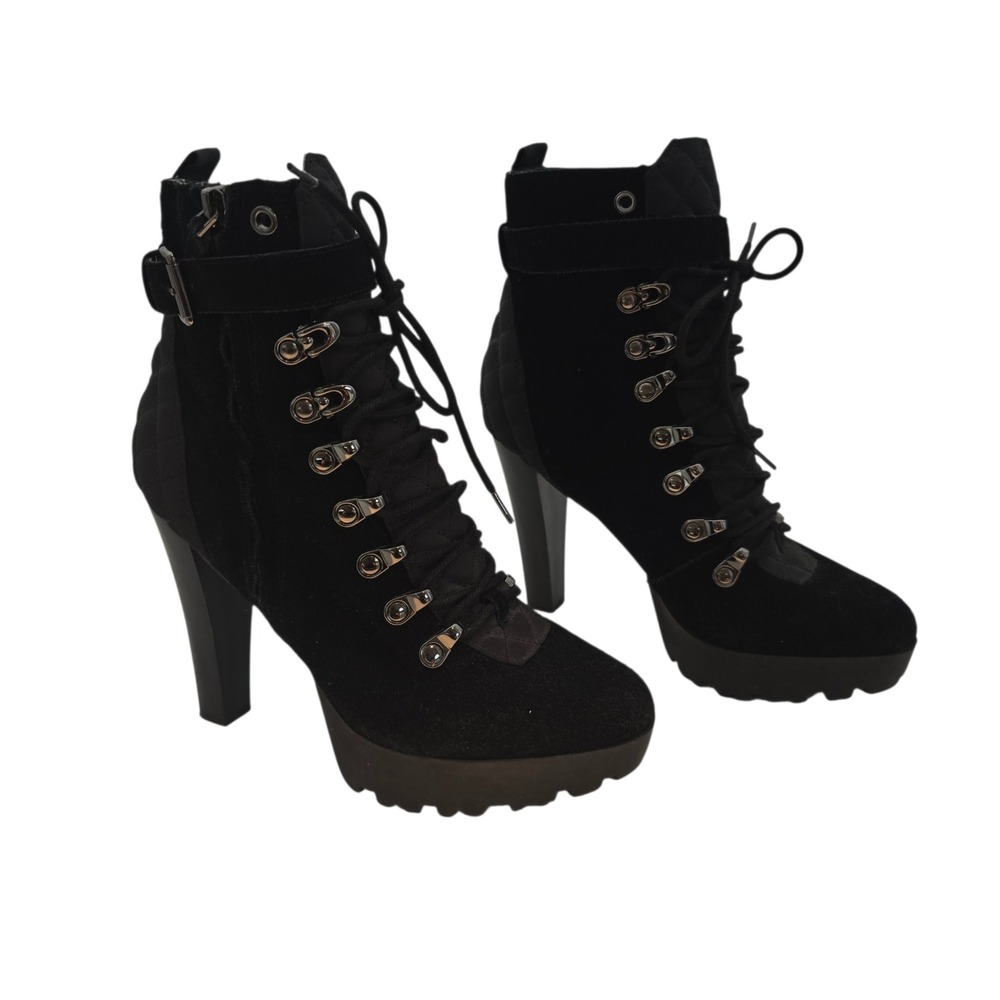 GUESS Black Quilted Lace Up‎ Women's Platform Ankle Boots Heeled Combat Size 7.5 - Picture 2 of 10